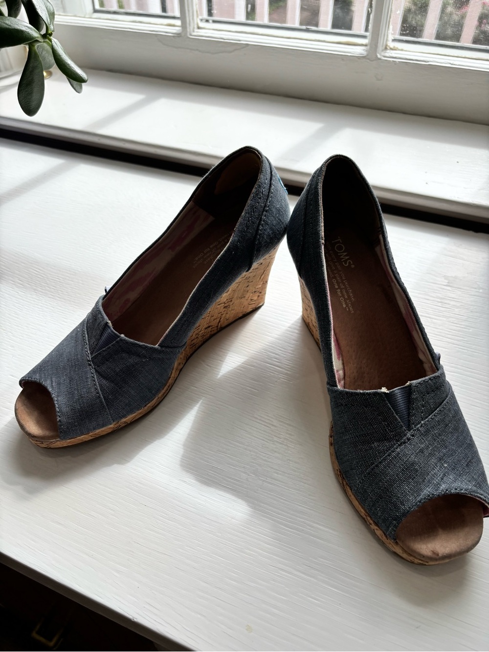 TOMS Blue Denim Cork Wedge Peep-Toe Shoes